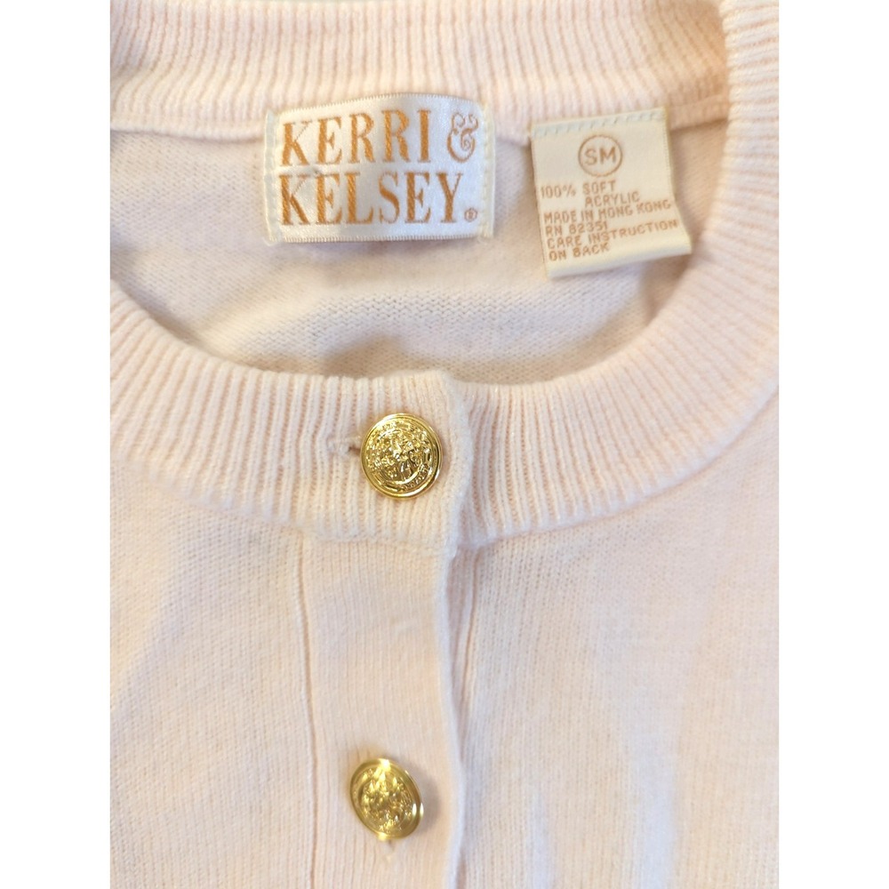 Vtg KERRI KELSEY Cardigan Sweater S Pastel Blush Pink Gold Buttons Hong Kong